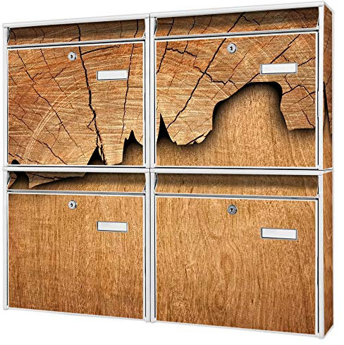 Briefkastenanlage 4 Fach | Postkästen 72x64x10cm groß | verzinkter Stahl weiß DIN A4 Motiv Holz | Briefkasten Set 4 Briefkästen Namensschild, 2 Schlüssel, Montagematerial