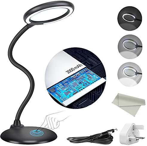 DUDSOEHO Rechargeable 5X Magnifying Desk Lamp, Dimmable Magnifying Glass with Light and Stand, Hand Free Touch Dimmable Magnifier with 28pcs LED Light for Work, Reading, Hobbies, Sewing, Crafts
