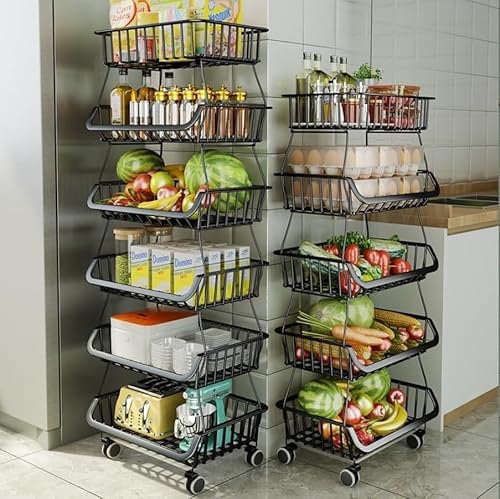 CarolynDesign Metal Wire Baskets Black Iron Wire Storage Bins with Wheels and Feet, Stackable Vegetable Storage Baskets (6-Tier Baskets)