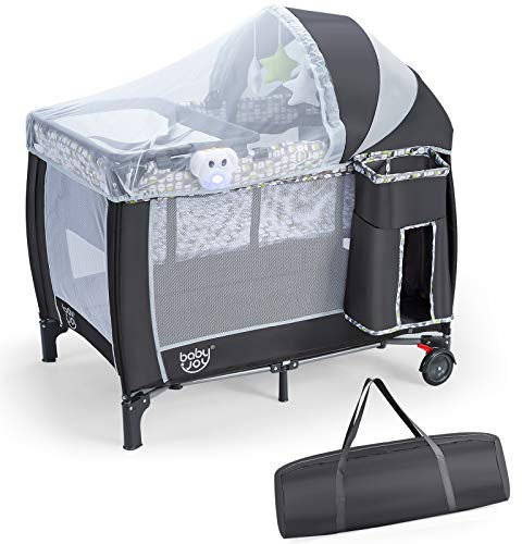 DREAMADE Lit Parapluie Bébé 3 en 1 Lit de Voyage Pliable avec Table à Langer&Auvent Mobile&2 Roues avec Frein&Porte-Couche,0-36 Mois