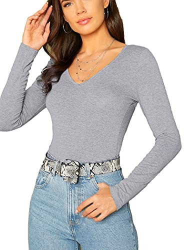 Women's Ladies Long Sleeve V Neck Basic Top Jersey Plain Stretchy Slim Fit Casual Wear T-Shirt Tee Tops 12-14 Light Grey