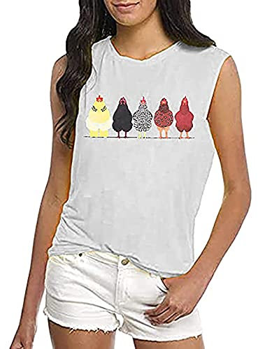 Masrin Tank Tops für Damen Ärmellose Sommerweste mit O-Ausschnitt Lässiger Mom-Hühner-Pullover mit Print Sport Fitness Basic Tunika-Bluse(M,Weiß)