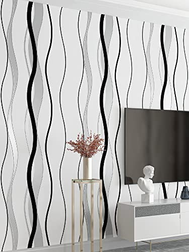 Rouleau de papier peint non tissé texturé moderne pour chambre à coucher, salon, 3 couleurs, motif abstrait moderne, tourbillon brillant, 9,5 x 0,53 m, 5,035 m² (blanc crème) (blanc crème)