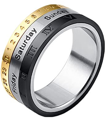 Mesnt Herrenring Edelstahl, Gothic Ringe Herren, Spinner Datumskalender Fidget Bands Ring Ring aus Edelstahl Gold Silber Schwarz Größe 54 (17.2)