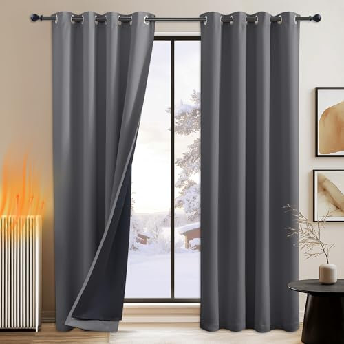 PONY DANCE Verdunkelungsvorhang Grau Extra Lange Gardinen und Vorhänge Wohnzimmer Ösenvorhang 2er Set H 260 x B 140 cm Doppellagige Gardinen 100% Blickdicht Thermogardine Hitzeschutz