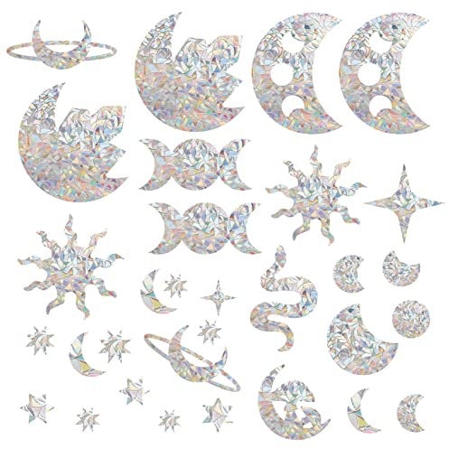 GORGECRAFT 30St Mond- Und Sonnenphasen-Fensteraufkleber Anti-Kollisions-Regenbogen-Mondphase-Fensterglasaufkleber Vögel Nicht Klebende Prismatische Vinylfolie Für Schiebetüren Fensterglas