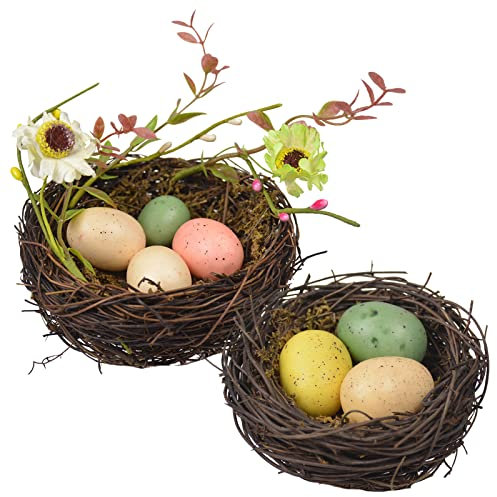 WideSmart Nid d'Oeuf Pâque,2 Set Nids d'oiseaux Artificiels Œufs de Pâques Mouchetée de Couleurs Assorties Nids d'oiseaux pour Décoration de la Maison Jardin Décoration de Fête de Pâques
