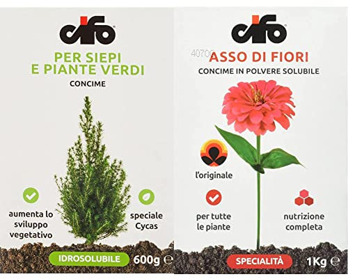 Cifo Concime idrosolubile per siepi e piante verdi 600 g & Asso di Fiori Concime in Polvere solubile per tutte le piante da balcone giardino ed orto 1 Kg