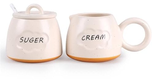 Umlaca Ceramic Cream & Sugar Set, Sugar Bowl with Lid, Milk Jug & Sugar Jar, Coffee Serving & Creamer Set for Home Use, Wedding, Gift (Beige)
