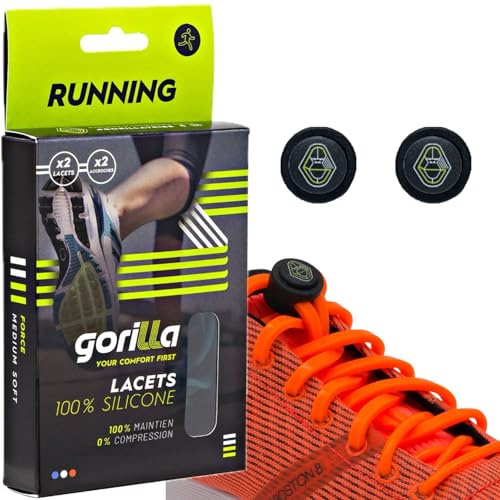 Gorilla Lacets Elastiques Adultes Pour Running et Course à Pied | Enfilez vos Chaussures, Gagnez du Temps, Lacets Autobloquants Sans Nœud, Ultra Résistants, Pratiques et Ergonomiques, 123 cm