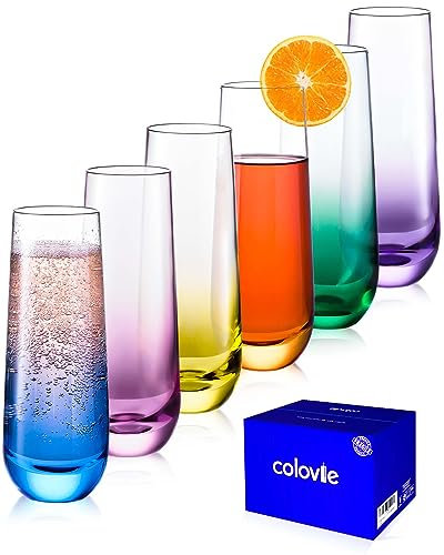 ColoVie Stemless Champagne Glasses Set of 6- Colored Champagne Flutes- Wedding Toasting Glass- Bridesmaid Gift- Mimosa Glass- Crystal Bar Glassware- Birthday Cocktail Party, 9.6oz