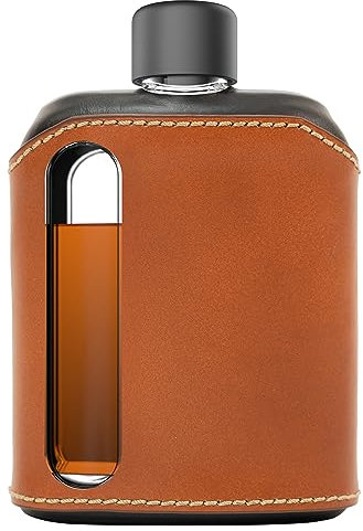Ragproper Moderner Flachmann aus Glas – robuster Flachmann mit Lederbezug für Whiskey, Spirituosen und andere Liköre – ideale Glasflasche für Männer und Frauen (Double Shot 240 ml, Leder, Schwarz &