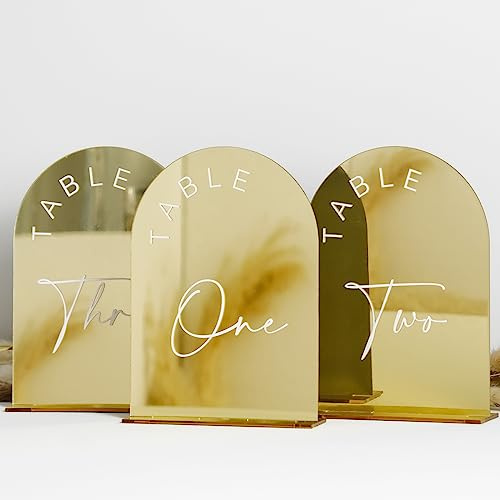 Gold Mirror Arched Wedding Table Numbers with Stands 1-10, 5x7 Inch Acrylic Arch Sign with Holder, Table Number 1-10, 5x7)