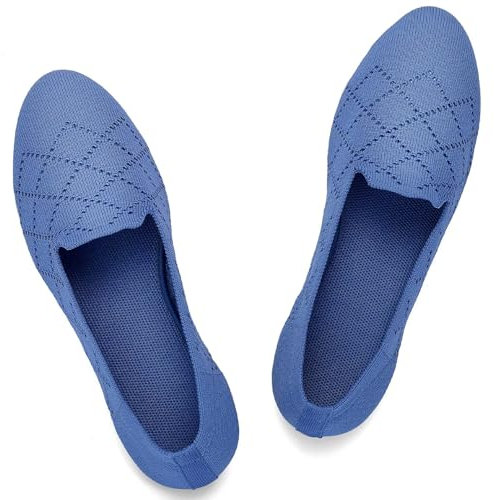 Puxowe Damen Ballerina Flache Schuhe Runde Zehe Strick Kleid Schuhe Niedriger Keil Slip On Ballerina Walking Flats für Frauen Bequem 41 EU Sky Blue