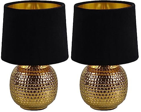 Britalia 2 Pack - Gold Ceramic Vintage Hammered Globe Table Desk Lamp with Black Velvet Shade | 26cm Height | 1 x SES E14 Lamp Bulb Required | UK Approved | Retro Design | Tapered Drum Lampshade
