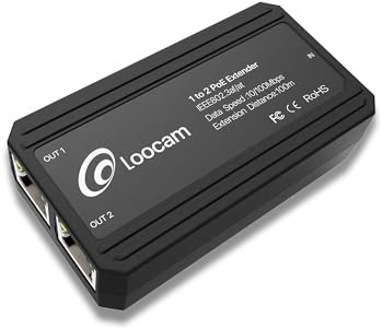 Loocam 1 bis 2 PoE Extender mit 10/100Mbps, 100 Meter(328ft) Übertragung für PoE Geräte, 1 Eingang 2 Ausgang Port PoE Repeater, IEEE 802.3AF/at Ethernet Power, RJ45 Netzwerkanschluss, Plug and Play