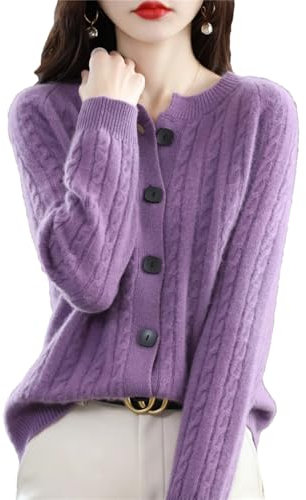 Autunno Inverno Donne Twist Maglia Lana O-Collo Cardigan Maglione, Viola scuro, XL