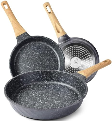 RIOVARM Antiadherente Juego de sartenes Inducción Juego de sartenes con mango resistente al calor Granito Sartén para tortillas sin PFOA Mármol Batería de cocina para varias estufas 20cm 24cm 28cm