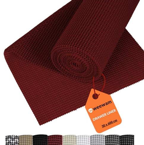 WEEWAM 30 x 600 cm Tapis Fond de Tiroir Cuisine EVA, Rouleau Protection de Tiroirs, Tapis de Tiroir Antidérapant Adhésif, Protection Tiroir Cuisine, Etagère, Armoire, Placard, Camping Car - Rouge