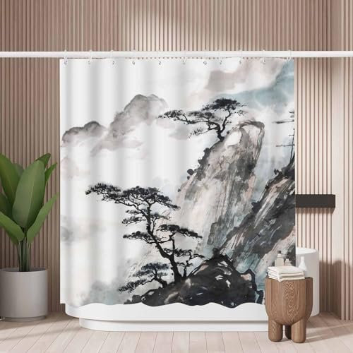 Woutay Shower Curtain Mould Proof Resistant Chinese Landscape Painting,Water Repellant Fabric,Polyester,with 12 Plastic Hooks