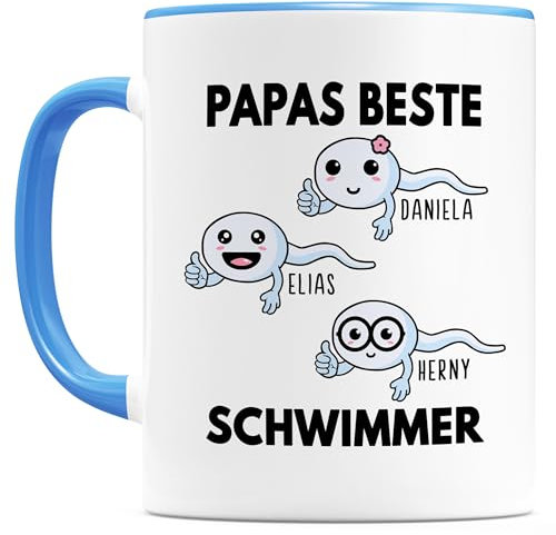 Papas beste Schwimmer Tasse personalisiert Kaffeetasse Vatertagsgeschenk Geschenk für Papa vom Kind Kaffeebecher Vater Geburtstagsgeschenk Vatertagstasse Keramiktasse 330ml (3 Kinder)