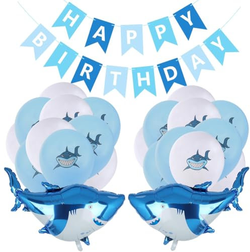 SUNSK Hai Luftballons Geburtstagsballons Happy Birthday Girlande Runde Latexballon Blau Hai Helium Folienballon Geburtstag Deko für Kinder (23 Stück)