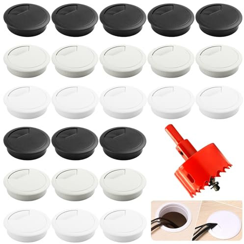 NINGYER 24 Stück Schreibtisch Kabeldurchführung, kabeldurchführung tisch 60mm mit 1 Lochsäge, Kabellochabdeckung, Tisch Kabeldurchführung, Geeignet für Bürowerkbank