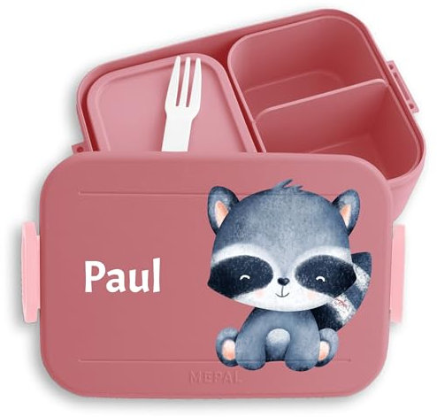 Kinder Bento Box Midi für Mepal Bentobox - Brotbox süßer Waschbär Lunchbox niedliches Waschbärmotiv I - 900 ml - Rosa - waschbären jausenbox brotdose