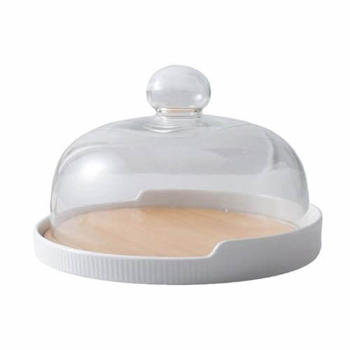 HOUSN Kuchen Glasglocke mit Holz Keramik Teller Glas Käseglocke Tortenplatte Haube Dome Torten Glashaube Kuchenständer Lebensmittel für Patisserie,Weiß