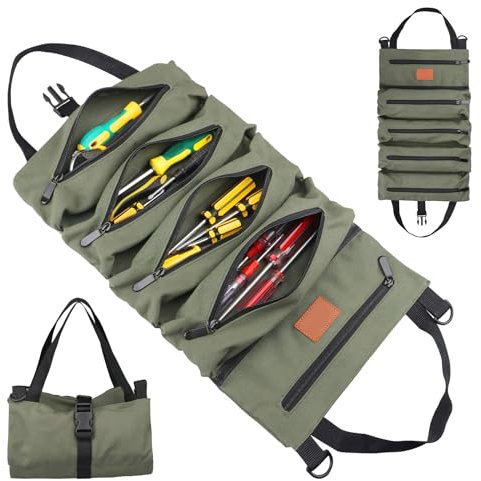 Tool Roll Bag, Canvas Wrench Tool Bag Waterproof Multi-Purpose Tool Roll Bag with 5 Zip Pockets, Ideal for Plumbers, Craftsmen and Electricians for Father's Day Birthday
