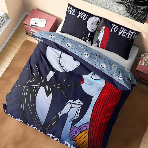 Disney Stitch Bettbezug Set für Mädchen & Teenager, Kinder Bettwäsche - verschiedenen Größen (Schwarz Jack Sally Doppel)