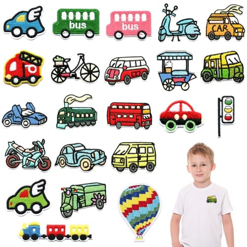 HANIUTTY 22 Stück Bus Aufbügelflicken, Aufnäher Zum Aufbügeln Cars Flicken Zum Aufbügeln Gestickte Applikation Zum Aufnähen/aufbügeln für Jacken T-Shirt Jeans Taschen und alle Kleidung
