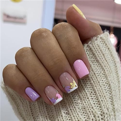 Square Short Press on Fake Nails Cute Flowers Nail Art Decoration Soild Color Summer Manicure for Women and Girls 24pcs