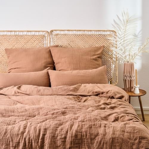 Blumtal Musselin Bettwäsche 200x220 cm + 2X 40x80 cm - Oeko-TEX zert. Bettwäsche Musselin aus 100% Baumwolle - extra weiches Bettwäsche-Set waschbar bei 40 °C - Sommerbettwäsche Kupfer