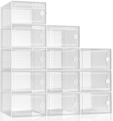 Kesuwe [12 Pack] Shoe Boxes, Stackable Storage Boxes, Fit Size 12, Clear, Suitable for Hallway, Under Stairs and More Indoor Places, Shoes Organization Solution for Whole Family (White)