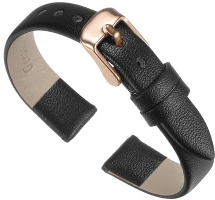 QUARKZMAN Bande en Cuir Véritable Noir de 14 mm de Largeur Bracelet de Montre en Cuir Plat et Fin Élégant avec Boucle en Or Rose pour Hommes et Femmes
