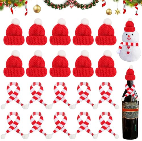 MaibaoteMbt Mini Weihnachts Weinflasche Topper Hut, 20 Stück Mini Weihnachtsmütze und Schal Set, Weihnachten Strickmütze, Santa Puppen Hut, Nikolausmütze für Tischdeko, Weihnachtsfeiern