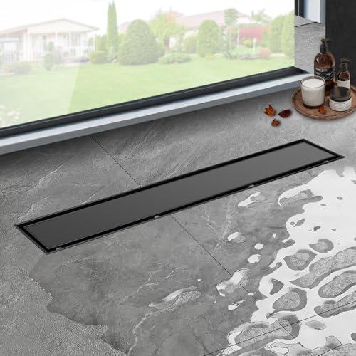 iYueMps Canaletta Scarico Doccia Nero 40cm 2 in 1 in Acciaio Inox,Scarico Doccia con Filtro antiodore e Filtro per Capelli,Canalina Doccia Filo Pavimento,Scarico Rapido