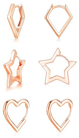 Loutade Silver Hoop Earrings for Women, 3 Pairs 925 Sterling Silver Star Heart Rhombus Hoop Earrings Set, Hypoallergenic Simple Lightweight Sleeper Earrings Rose Gold Jewelry Gifts for Birthday Xmas