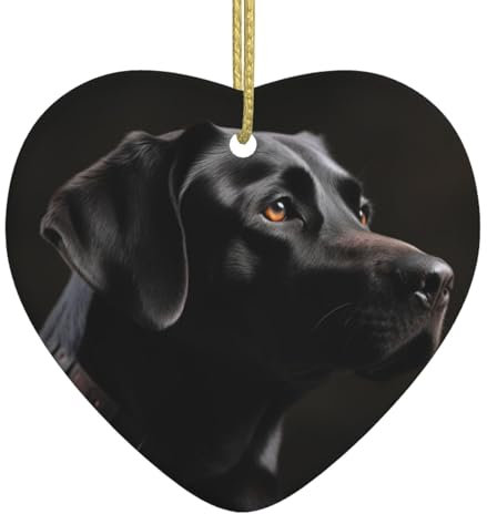 Schwarzer Labrador-Weihnachtsbaum, Keramik, hängend, schwarzer Labrador, Herzform, Weihnachtsbaumschmuck, doppelseitig, bedruckt, Weihnachtsanhänger für Weihnachten, Familie, Party, Urlaub, Dekoration