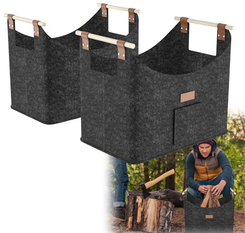 HENGMEI Brennholzkorb Filzkorb 4 Stück Holzkorb Kaminholz Filztaschen Extradickem Kaminholzkorb mit Griff Feuerholzkorb für Feuer Brennholz(50x32x40cm, Dunkelgrau)