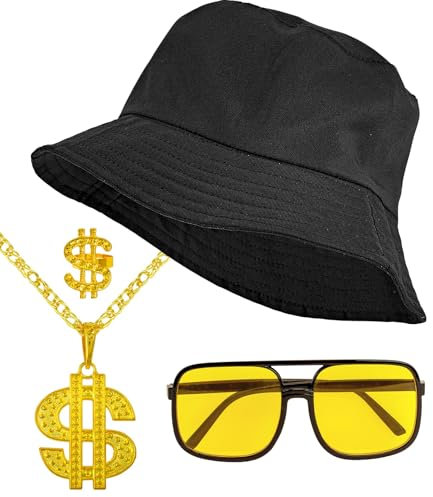 W WIDMANN MILANO Party Fashion - 90er Jahre Hip Hop Fashion Set, Anglerhut, Brille, Kette, Ring, Accessoire für Faschingskostüme