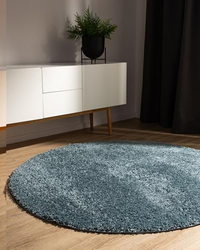 benuta Basic Hochflorteppich Teppich Wohnzimmer Sohari - Blau 160 cm Rund - Minimalistischer Look - Weich & Waschbar - Für Schlafzimmer, Flur oder Esszimmer - Geeignet für Fußbodenheizung