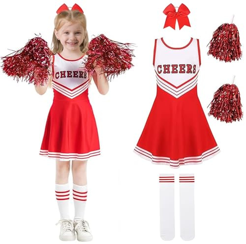 Deguisement Pompom Girl Enfant: Costume Cheerleader Fille avec Pompoms Couvre-chefs Chaussettes pour Halloween Carnaval Cosplay Tenue (150(10-11 ans))
