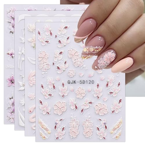 JMEOWIO 3D Embossed Flower Nail Art Stickers Decals Self-Adhesive 5D Spring Floral Summer Nail Supplies Nail Art Design Decoration Accessories 4 Sheets