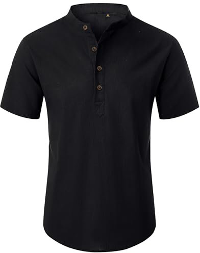 siliteelon Men's Linen Shirts Short Sleeve Henley Linen Shirts for Men Adult Regular Fit Casual Shirt Holiday Trip Summer Beach Cotton Shirt Black XL