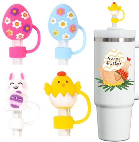 Amreich Easter Straw Toppers - Silicone Stanley Cup Accessories Covers with Cute Chick, Bunny & Egg Designs Easter Basket Stuffers & Egg Fillers for Festive Party Supplies & Gifts