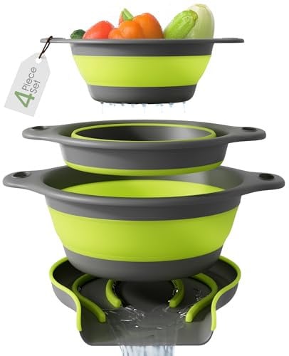 Gevoli 3-Pack Collapsible Colanders with Self-Draining Base, Over Sink-edge Silicone Food Strainers, Small/Med/Large Sizes, Nesting for Easy Compact Storage (3Qt, 4Qt, 5-Quart Set) Green/Gray