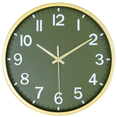 25 cm Lautlos Wanduhr Ohne Tickgeräusche, Moderne Batteriebetriebene Uhr für Zuhause,Wohnzimmer, Schlafzimmer, Küche,Büro, Wanddekoration (Grünes Gold,30CM)