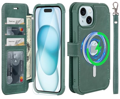 VANAVAGY Wallet Case for iPhone 15 Plus/14 Plus for Magsafe,Forest green | PU Leather Flip,Slim,12ft Drop Protection,RFID Blocking Card Holder,Magsafe Wireless Charging,Includes Screen Protector